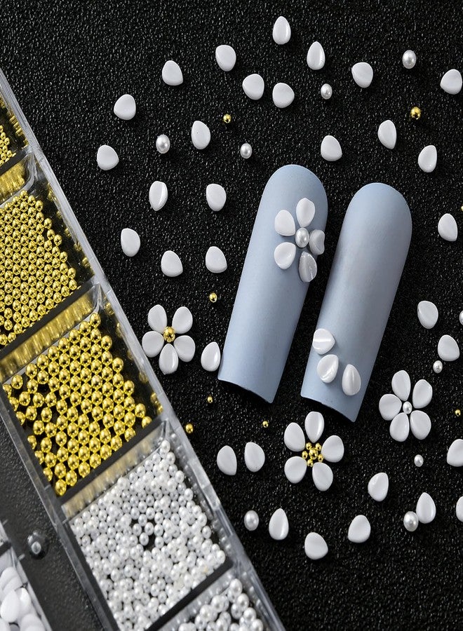 SILPECWEE White Petals Flower Nail Charms 5D Embossed Resin Flowers Charms for Acrylic Nails Pearls Gold Nail Beads Floral Nail Art Charms Spring Summer Nail Jewelry Decoration for Women - Image 2